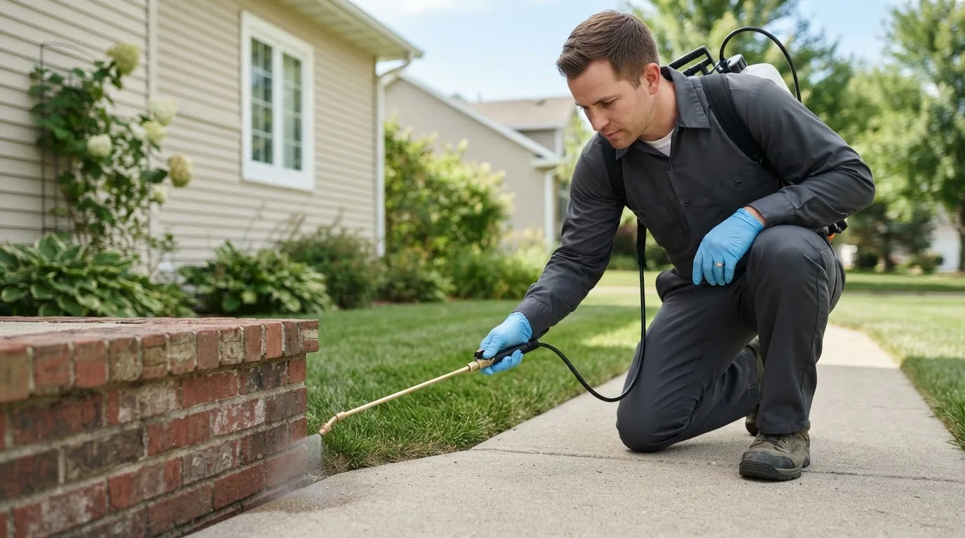Pest control technician treating a home near West Hartford, CT